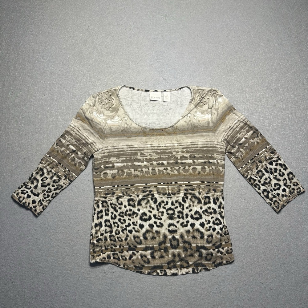 Chico's Shirt Womens 0 3/4 Sleeve Beige Floral‎